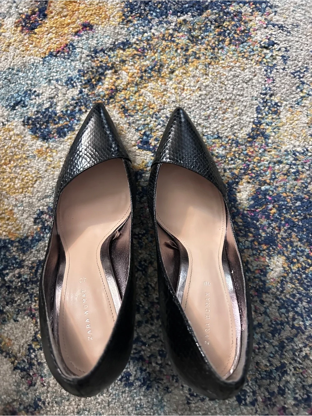 Zara Black Pointed Snake-Texture Heels